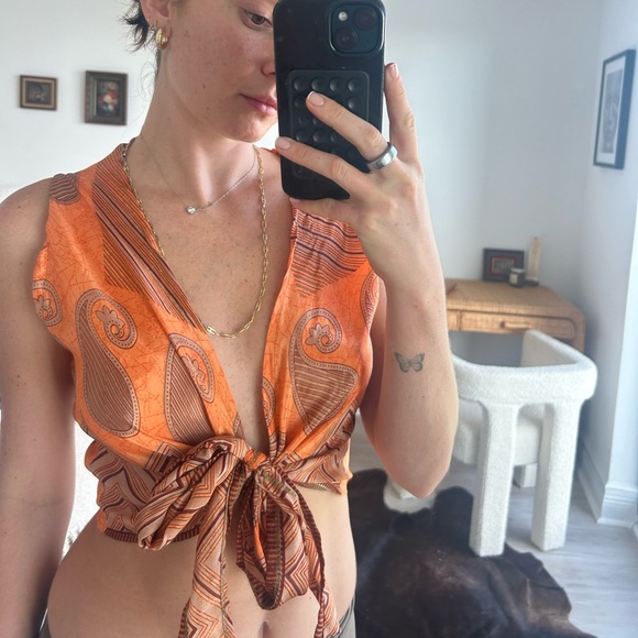 Orange Silky Paisley Blouse— ties different ways - Picture 3 of 3